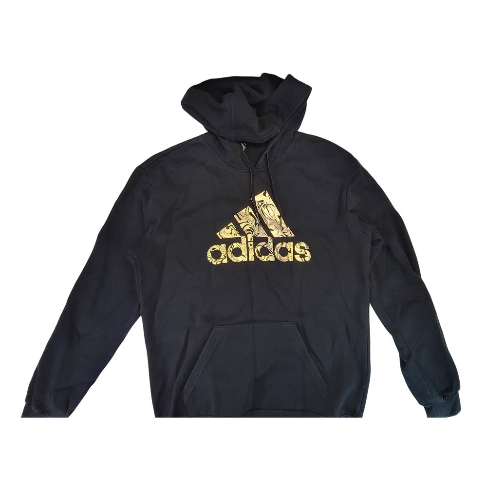 Adidas Mens Black Gold Logo Hoodie Sweatshirt Pullover Casual Comfort Size M